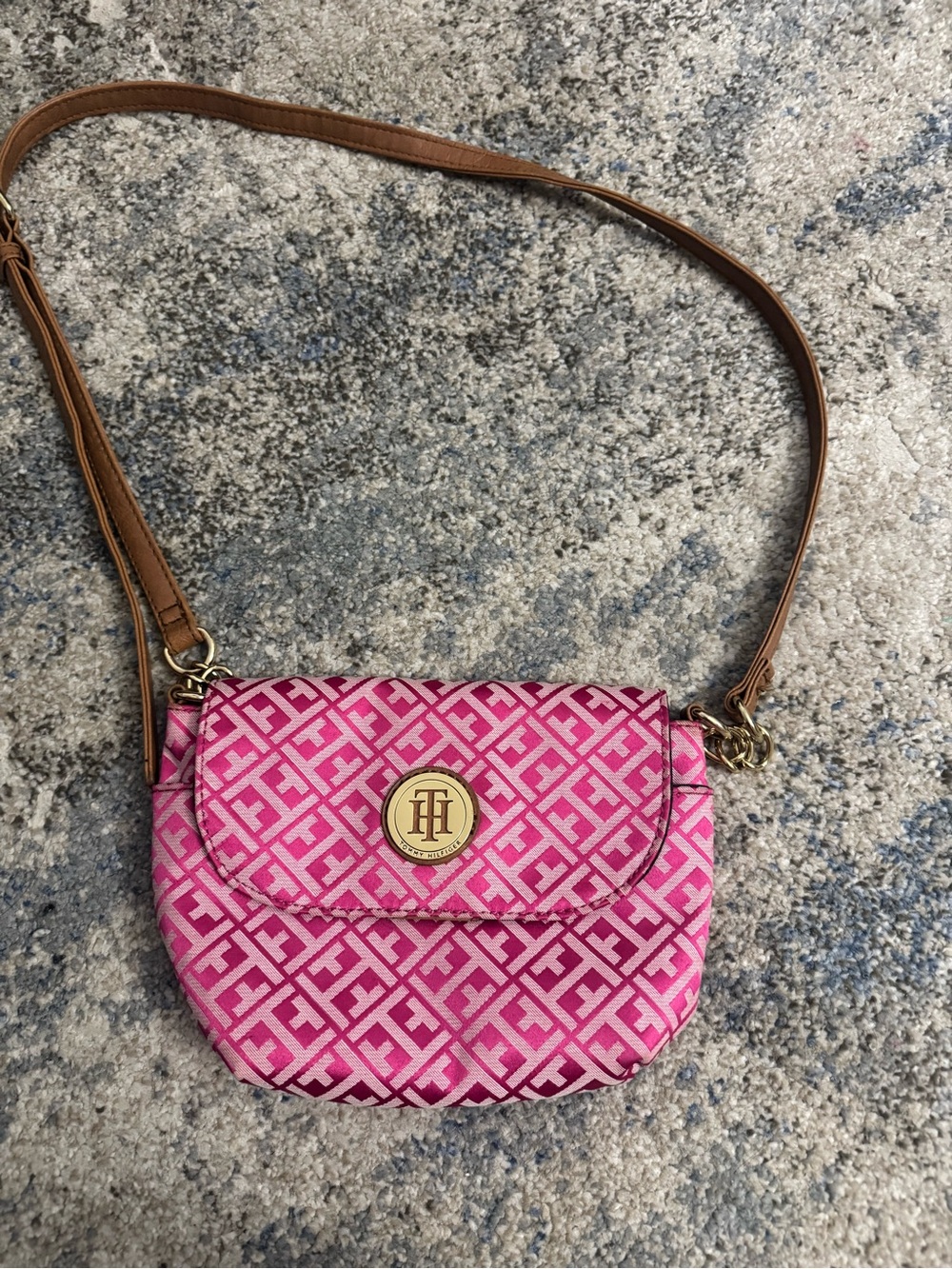 Tommy Hilfiger Pink Monogram Crossbody with Tan Strap and Gold Logo